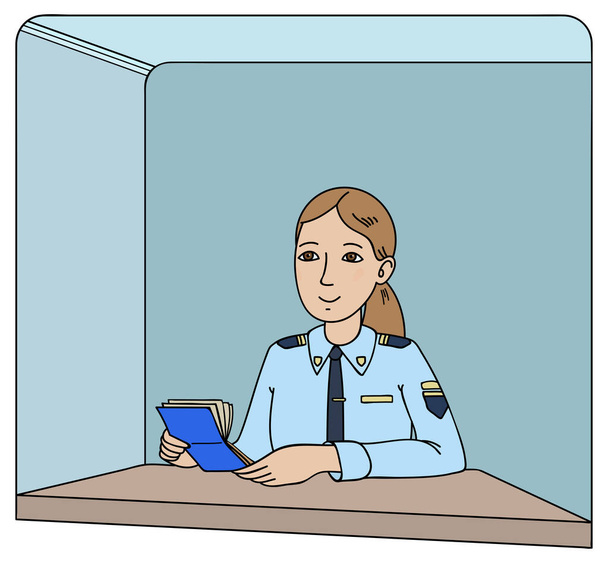 Улыбающаяся сотрудница пограничного патруля в официальной форме Проверка векторной иллюстрации паспорта - Вектор,изображение