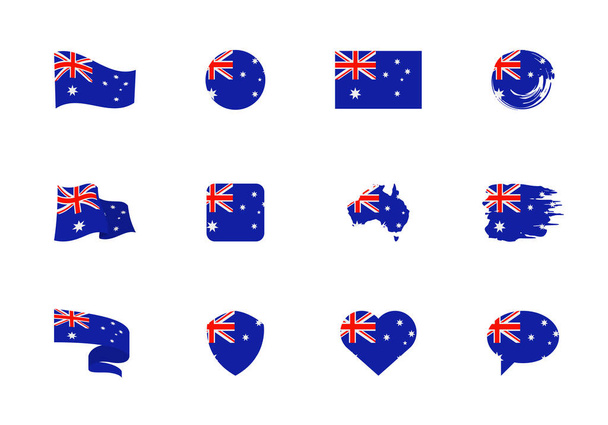 Austrálie vlajka - plochá sbírka. Vlajky různých tvarů dvanácti plochých ikon. Sada vektorových ilustrací - Vektor, obrázek