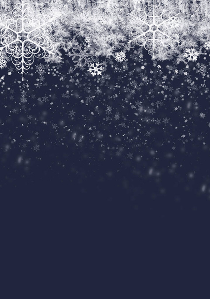 Zimowe abstrakcyjne ciemnoniebieskie tło z realistycznymi białymi płatkami śniegu. Elegancki niewyraźny baner, plakat, tło kartki okolicznościowej na Święta Bożego Narodzenia lub Nowy Rok - Zdjęcie, obraz