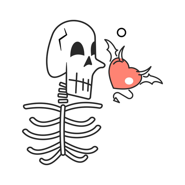 Halb menschliches Skelett mit fliegendem bösen Herzen. Flache Umrissillustration. - Vektor, Bild