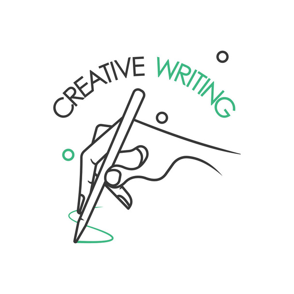 Kézírás tollal szöveggel: Kreatív írás. Körvonalazott lapos illusztráció. - Vektor, kép