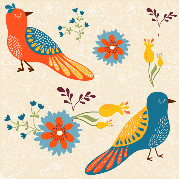 Bright seamless pattern with birds and flowers - Вектор,изображение