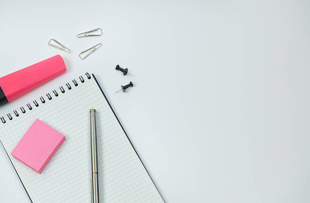White background with work supplies. Top view with a space for text. - 写真・画像
