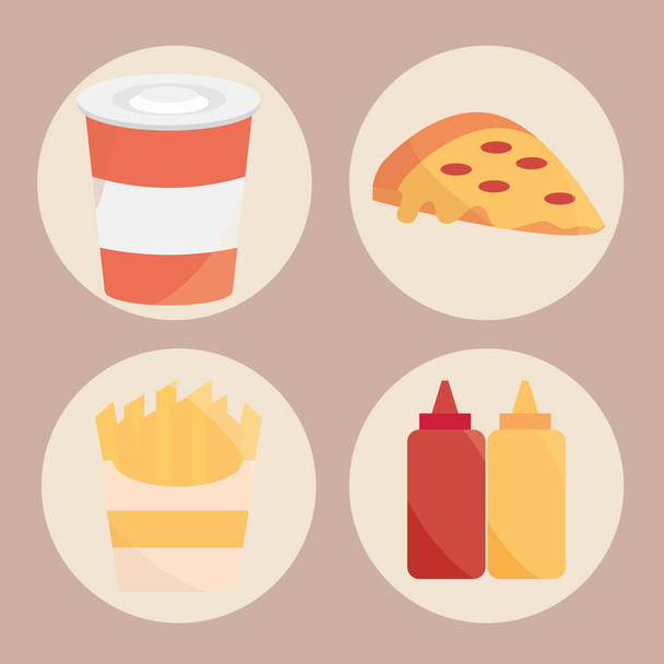 pizza café taza papas fritas menú de alimentos en dibujos animados iconos planos conjunto - Vector, Imagen