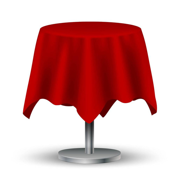 3D realistischer Vektor Cafétisch mit roter Tischdecke darauf. Isoliert auf weißem Hintergrund. - Vektor, Bild
