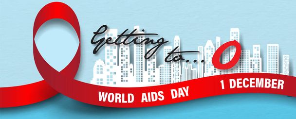 Γιγάντια κόκκινη κορδέλα με σλόγκαν και την ημέρα, το όνομα της εκδήλωσης στο cityscape και το μπλε φόντο. Παγκόσμια εκστρατεία αφίσας για την ημέρα του AIDS σε στυλ κοπής χαρτιού και σχεδιασμό vector banner. - Διάνυσμα, εικόνα