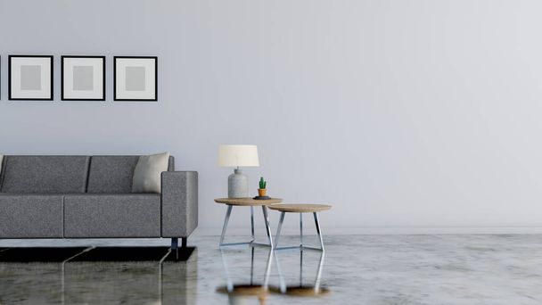 Nowoczesny salon Z rozkładaną sofą i białą lampą, ramą plakatu makiety w białym pokoju. Wewnętrzne tło, biała pusta ściana makieta, renderowanie 3d - Zdjęcie, obraz