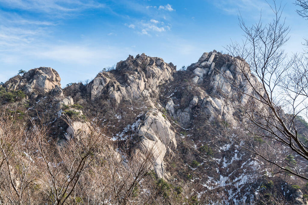 Národní park Bukhansan Mountain se skalami, sněhem a mrtvými stromy na jaře v jihokorejském Soulu. - Fotografie, Obrázek