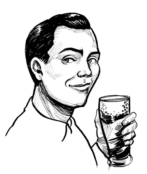 Un homme heureux qui boit de la bière. Encre dessin noir et blanc - Photo, image