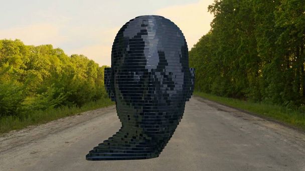 Kinetische Skulptur mit rotierendem Kopf, Kafka-Statue, Franz von Prag, abstrakter Hintergrund, Realistisches 3D-Gesicht, 4k High Quality, 3D-Render - Foto, Bild
