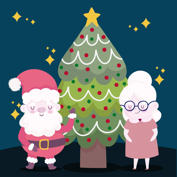 merry christmas, santa with mrs claus and tree decoration design - Vector, afbeelding