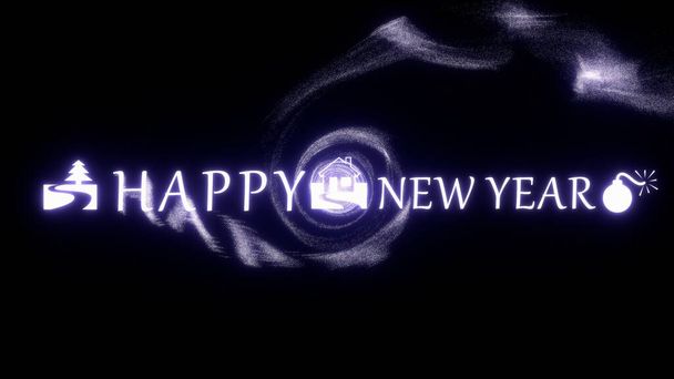 Šťastný nový rok, 3D text s lesklými částicemi a dynamickými vírovými vzory na pozadí, Nový rok Pozadí, 4k Vysoká kvalita, 3D vykreslování - Fotografie, Obrázek