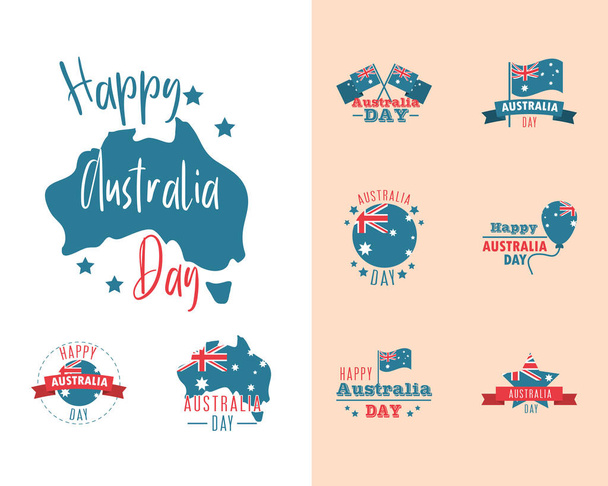 australia day, lettering map flag national celebration icons set - Vetor, Imagem