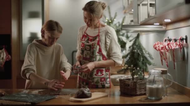 Máma a dcera připravují sušenky na Nový rok a Vánoce v kuchyni. Dcera vykrojí sušenky z těsta. Příprava těsta. - Záběry, video