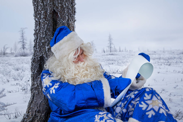 Vánoční téma, prodej, Happy Santa Claus v zasněženém lese, ruský Santa Claus (dědeček Frost) sedí u vánočního stromku, a čtení Vánoční dopis nebo seznam přání. - Fotografie, Obrázek