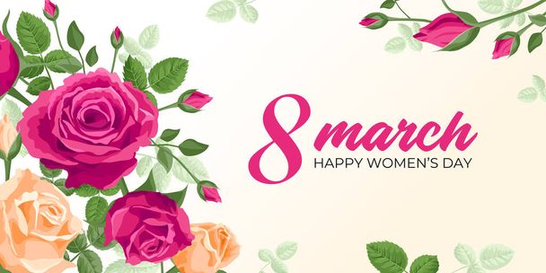 Щасливий жіночий день. Векторний веб-банер, плакат, флаєр, вітальна листівка для соціальних мереж з текстом 8 березня, Щасливі жінки день. Прекрасні троянди, бутони, листя. Жіноча концепція свята
 - Вектор, зображення