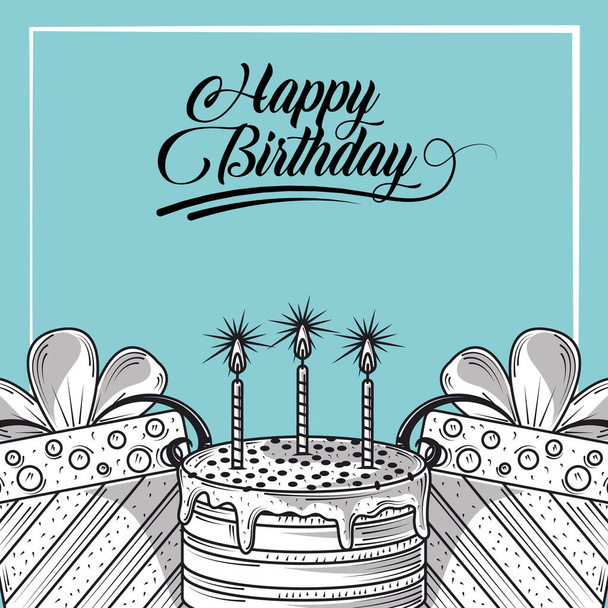 ευχετήρια κάρτα γενεθλίων με κέικ και δώρα, στυλ χαρακτικής - Διάνυσμα, εικόνα
