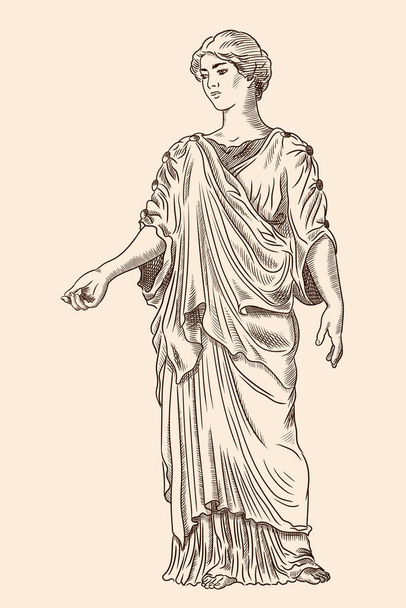 Tunik ve pelerinli antik Yunan genç bir kadın başını çevirir ve el kol hareketi yapar. Antika oyma. - Vektör, Görsel