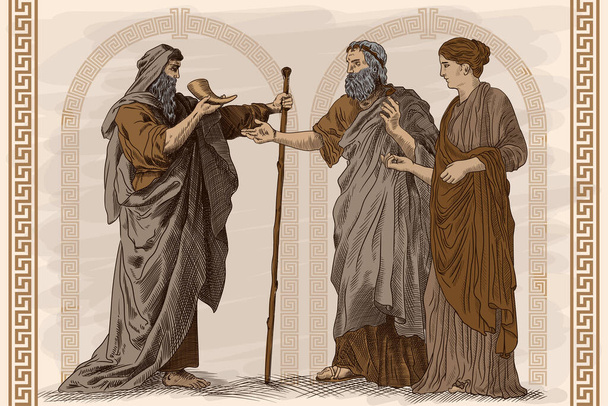 Antiguo fresco, una escena de la vida de la antigua Grecia. Dos ancianos y una joven esbelta están de pie, hablando y bebiendo vino del cuerno. - Vector, imagen