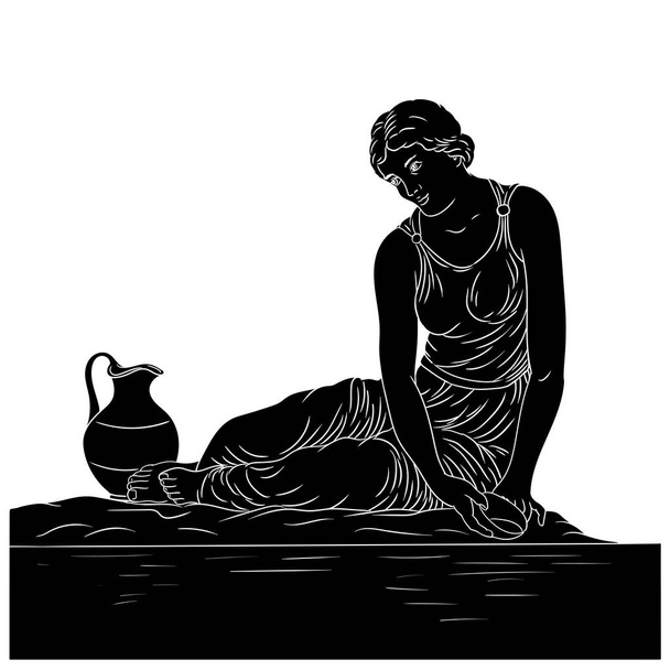Nuori kreikkalainen nainen istuu joen rannalla kulhon kanssa ja kerää vettä kannuun. Musta siluetti eristetty valkoisella taustalla. - Vektori, kuva