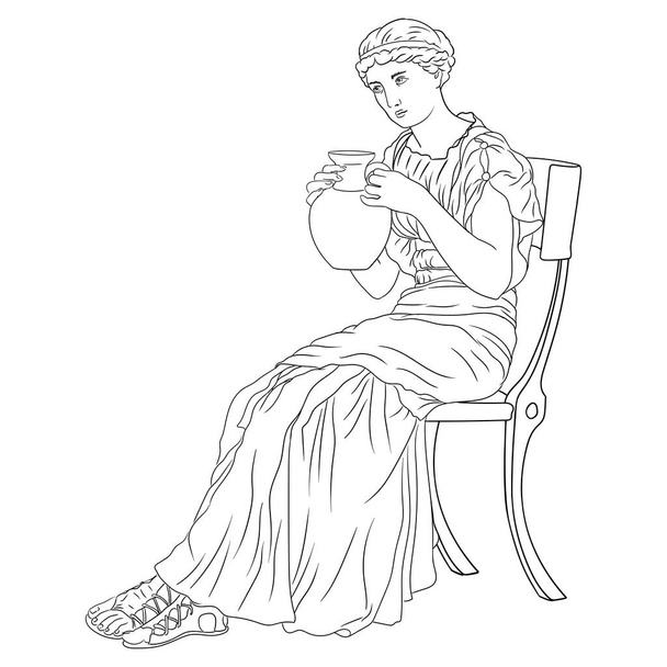 Mladá dívka ve starověké řecké tunice sedí na židli a pije víno z džbánu.Postava izolované na bílém pozadí. - Vektor, obrázek