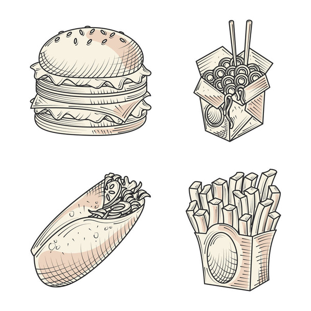 ファーストフードバーガーサンドイッチとブリトースナック手描きのアイコン - ベクター画像