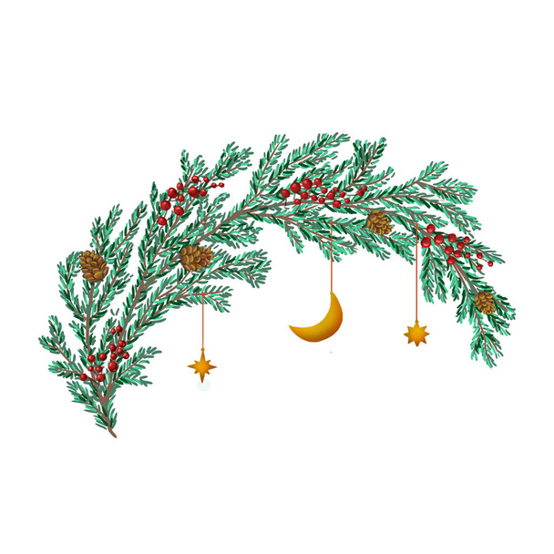 Christmas tree brunch with decorations and moon - Photo, Image