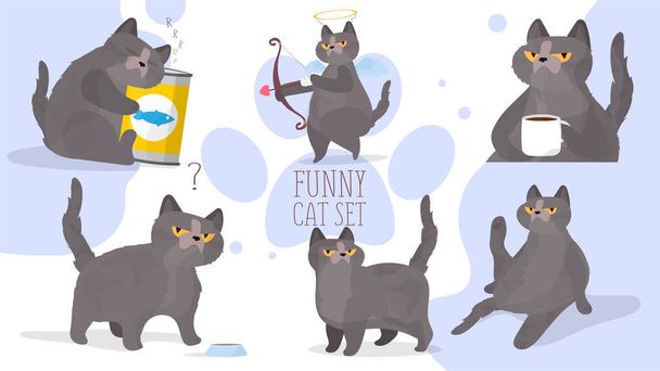 Αστείες γάτες μεγάλο διάνυσμα σύνολο. Ένα σετ αστείων αυτοκόλλητων με γάτα. Καλό για καρτ-ποστάλ, μπλουζάκια, θετικά θέματα. - Διάνυσμα, εικόνα