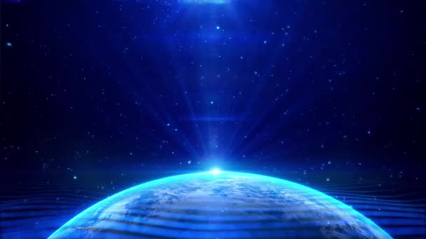 Digitale illustratie van de zon die over de aarde opkomt met deeltjes die in het blauwe oppervlak vliegen - animatie - Video