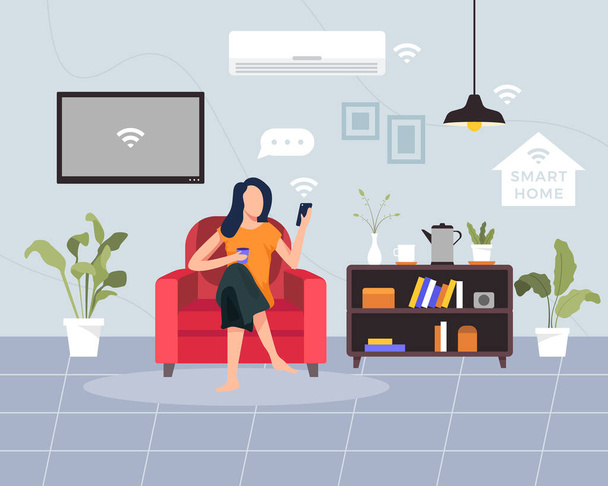 Smart home concept illustration. Concept of house technology system with wireless centralized control. Young woman sit on the sofa holding smartphone. Vector illustration in a flat style - Vector, imagen