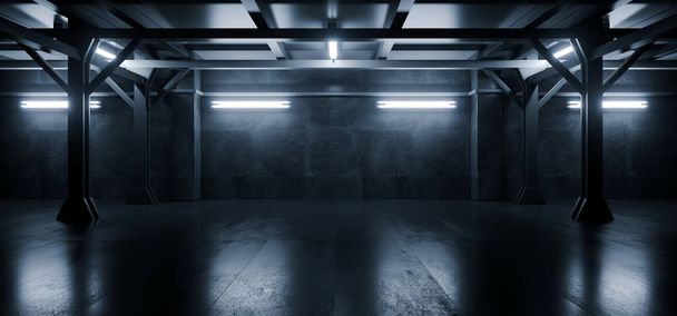 Bleu néon conduit industriel réaliste science-fiction futuriste moderne hangar parking garage souterrain couloir acier ciment rendu 3D Illustration - Photo, image
