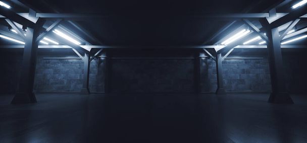 Neon Blue Led Industrial Realistic Sci Fi Futuristic Modern Hangar Parkoviště Podzemní garáž Skladiště Chodba Ocelový beton Cement 3D vykreslování - Fotografie, Obrázek