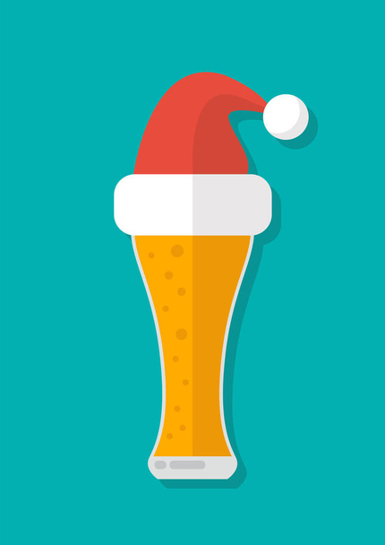 Склянка пива з капелюхом Санта Клауса. Вітальна листівка Приклад - Вектор, зображення