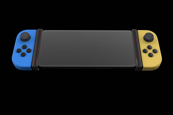 Realistic video game controllers attached to mobile phone isolated on black with clipping path. 3D rendering of blue and yellow gamepad for online gaming - Fotografie, Obrázek