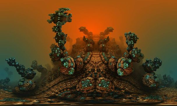 Ilustración 3d, fractal. imagen fantástica de una montaña, un monstruo en forma de cangrejo, en una niebla rojo-azul - Foto, imagen