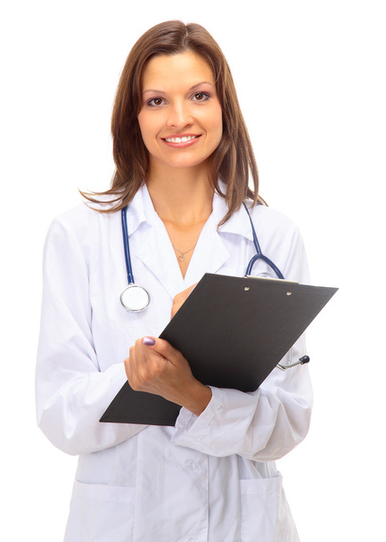 Portrait of happy successful mature female doctor holding a writing pad - Fotoğraf, Görsel