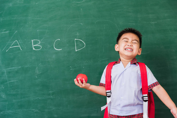Back to School. Happy Asian funny cute little child boy from kindergarten in student uniform with school bag hold red apple on hand smiling on green school blackboard, First time to school education - 写真・画像
