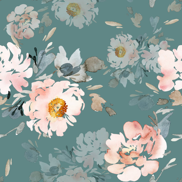 Seamless summer pattern with watercolor flowers handmade. - Fotoğraf, Görsel