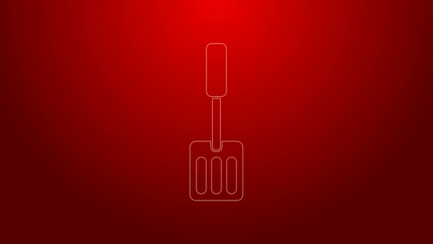 Ligne verte Icône spatule isolée sur fond rouge. Icône de spatule de cuisine. Signe de spatule de barbecue. Barbecue et outil de grill. Animation graphique de mouvement vidéo 4K - Séquence, vidéo