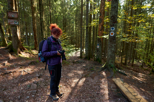 Tourist woman with camera hiking on a trail in the forest on mountain - Foto, Imagem