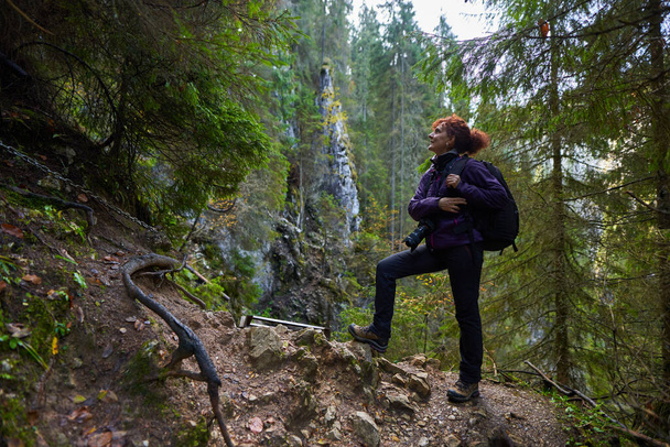Tourist woman with camera hiking on a trail in the forest on mountain - Valokuva, kuva
