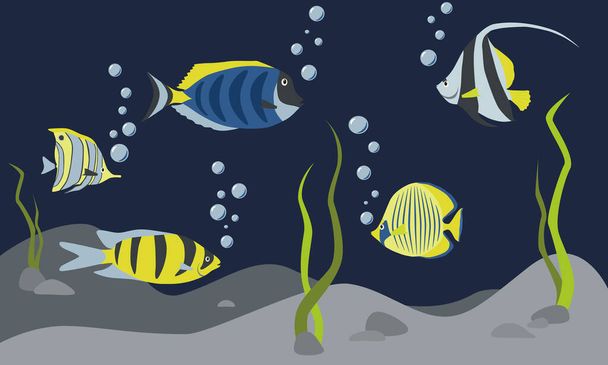 Vector illustration with exotic fish and silhouette of butterfly fish on a blue sea background. Underwater marine life. Nature wildlife seascape in flat cartoon style. - Vektori, kuva