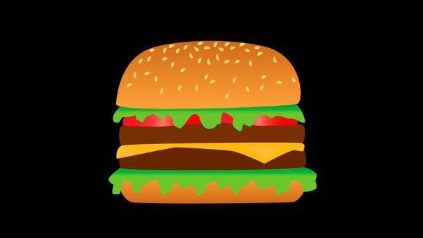 Icono de hamburguesa vectorial. Hamburguesa de queso con lechuga Tomate Cebolla Queso Carne aislada sobre fondo negro. Comida rápida. Carne de res y verduras orgánicas frescas. Sabrosa hamburguesa de dibujos animados - Vector, Imagen