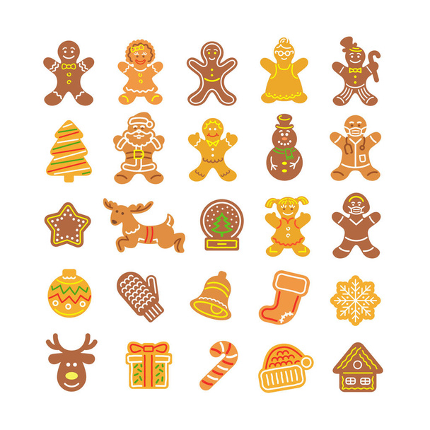 Χριστουγεννιάτικη συλλογή μπισκότων μελόψωμο. Απλή επίπεδη διάνυσμα εικονίδια του ψημένου gingerbread άνδρες, κορίτσι, Άγιος Βασίλης, ελάφια, νιφάδες χιονιού, χιονάνθρωπος, παρόν, γάντια, κουδούνι, Σάντα καπέλο και άλλα σύμβολα διακοπών - Διάνυσμα, εικόνα