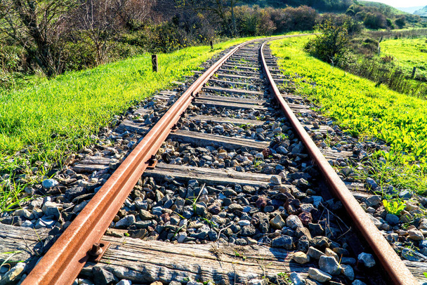 Staré nepoužívané železniční tratě obklopené trávou a stromy - Fotografie, Obrázek