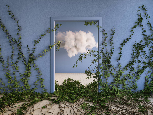 Φουντωτό σύννεφο σε μπλε δωμάτιο με κισσούς, εννοιολογική τέχνη, τρισδιάστατη απεικόνιση, απόδοση. - Φωτογραφία, εικόνα