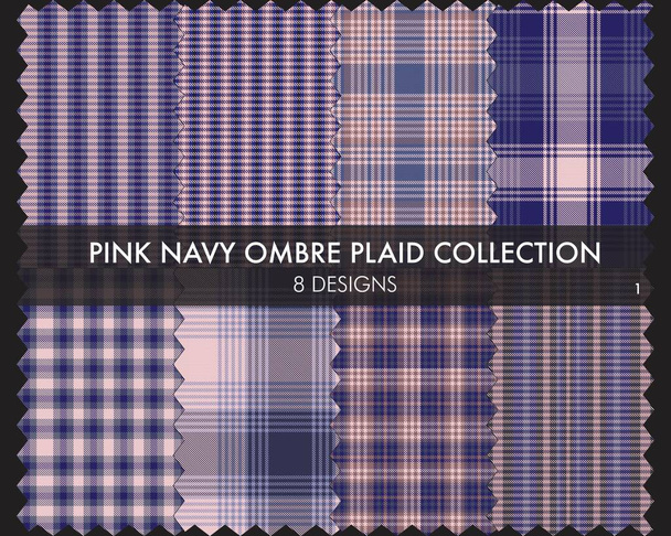 Pink Navy Ombre Plaid textuur naadloze patroon collectie bevat 8 design stalen geschikt voor mode textiel en graphics - Vector, afbeelding
