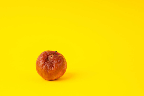 Rotten apple with a worm on a uniform yellow background. - Foto, Bild
