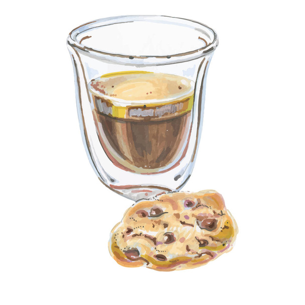 Акварель итальянский кофе ристретто, высоко концентрированный кофе эспрессо, печенье, печенье, рисованные вручную векторные иллюстрации - Вектор,изображение