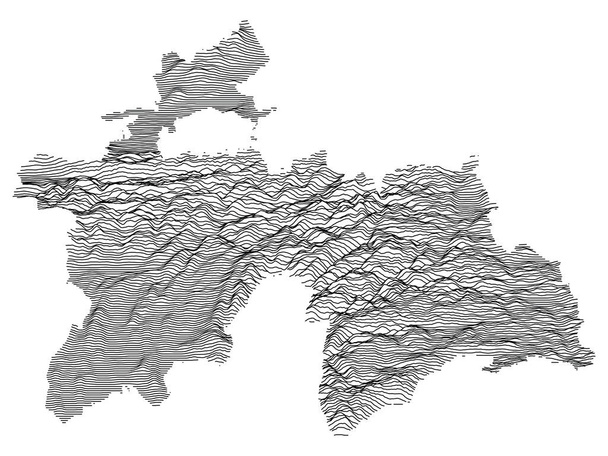 Preto e branco 3D Contour Topografia Mapa do país asiático do Tajiquistão - Vetor, Imagem